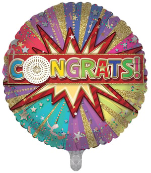 A colorful balloon that says "congrats" on it.