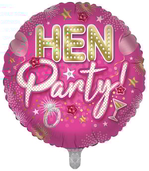 A pink balloon that says "hen party" on it.