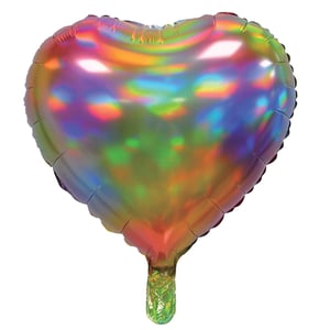 A rainbow heart-shaped balloon with a green handle.