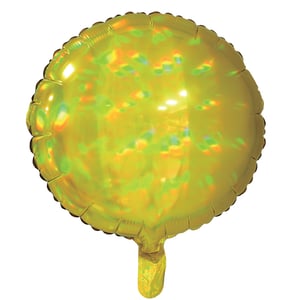 A yellow foil balloon with a green pattern is on it.