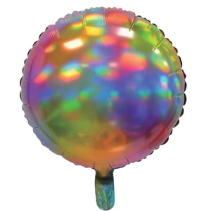 A rainbow-colored balloon with a handle on a white background.