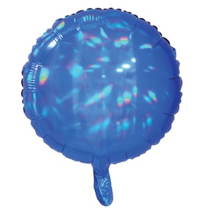 A blue foil balloon with a handle is on a white background.
