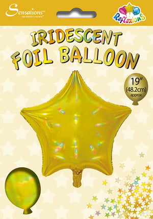 A yellow, iridescent foil balloon that is 19 inches.