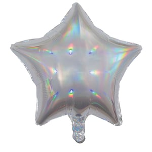 A silver foil balloon in the shape of a star.