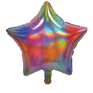 A rainbow-colored, star-shaped balloon with a white background.