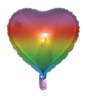 A heart-shaped rainbow balloon with a blue handle.