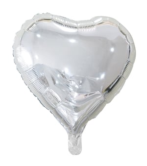 A silver heart-shaped balloon on a white background.