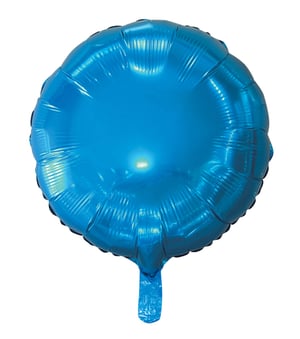 A blue foil balloon with a handle is against a white background.