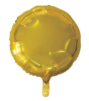 A gold foil balloon with a handle on a white background.
