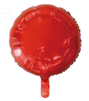 A red foil balloon with a handle is on a white background.