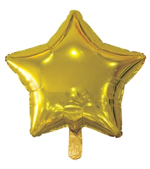 A gold star-shaped balloon with a stick attached to it.