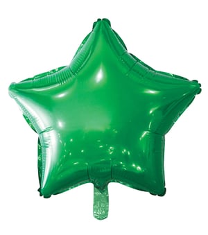 A green balloon is in the shape of a star.