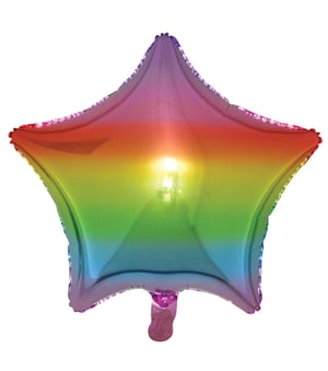 A rainbow-colored star-shaped balloon with a light inside.