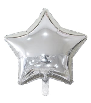 A silver star-shaped balloon on a white background.
