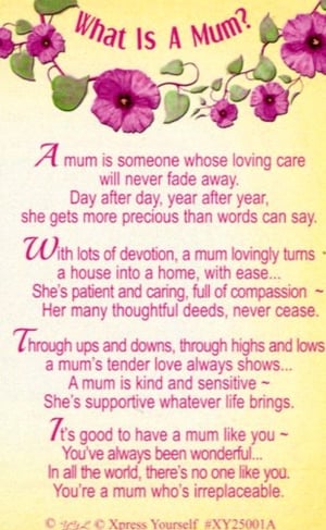 A poem that says, "What is a mom with purple flowers?"