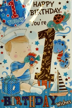 A birthday card with a button that says "Happy birthday, you're 1 today."