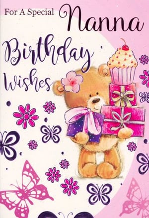 A birthday card for a special nanna includes a teddy bear holding gifts and a cupcake.