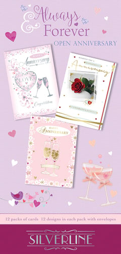 Introduce your customers to the beautiful "Your Wedding Anniversary" card collection from Xpress Yourself. This delightful range offers a charming selection of designs, perfect for celebrating enduring love.
Each card in this collection, themed around "Always & Forever" and "Open Anniversary," features elegant illustrations. You'll find romantic hearts, sparkling champagne flutes, delicate roses, and sweet birds, all presented in a soft, inviting palette of pinks, purples, and golds. These cards are ideal for marking any special anniversary, offering heartfelt sentiments and celebratory wishes.
This wholesale pack provides fantastic variety, with 12 unique designs in each of the 12 packs, complete with envelopes. That's 144 stunning cards ready to grace your shelves! Offer your customers a truly wonderful selection for every anniversary occasion.