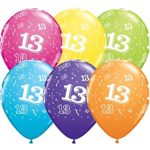 A bunch of balloons with the number 13 on them.