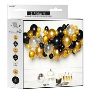 Black and gold balloons are in a box that says DIY balloon kit.