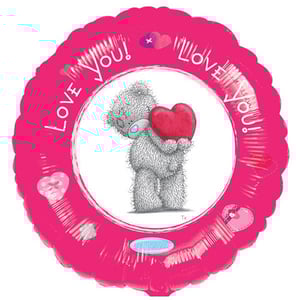 A pink balloon with a teddy bear holding a heart that says "love you".