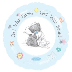 A "get well soon" balloon with a teddy bear in a bathrobe.
