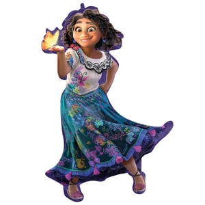 A cartoon character is holding a butterfly with the word "magic" on her skirt.