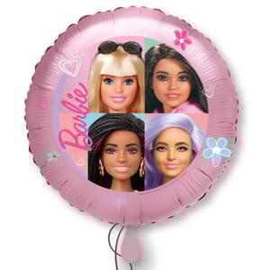 A pink balloon with four Barbie dolls on it.