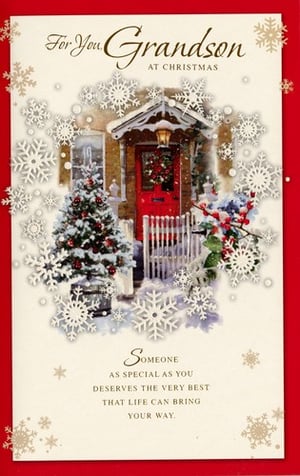 A Christmas card that says "For You, Grandson, at Christmas."