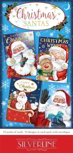 Silverline Christmas Santa's cards are displayed on a blue background.