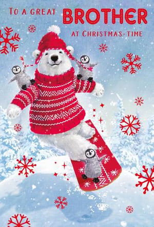 A polar bear is riding a snowboard with two penguins on it.