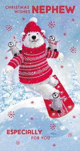 A polar bear is riding a snowboard with two penguins on it.