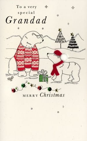 A Christmas card that says "To a very special grandad, Merry Christmas."