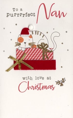 A Christmas card that says "To a purrfect Nan, with love at Christmas."
