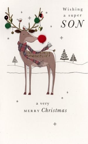 A Christmas card wishes a super son a very Merry Christmas.