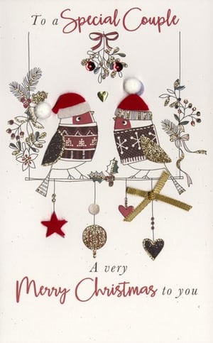 A Christmas card that says, "To a special couple, a very merry Christmas to you."