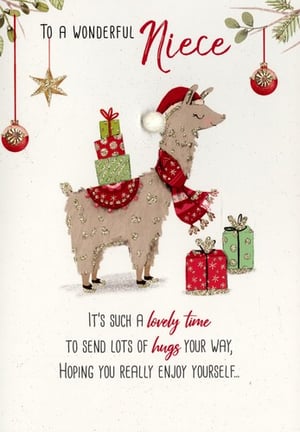 A Christmas card for a wonderful niece with a llama wearing a Santa hat.