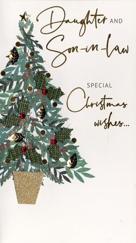 A daughter and son-in-law Christmas card with a Christmas tree on it.