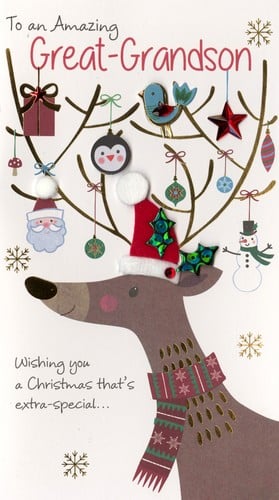 A Christmas card with a reindeer wearing a Santa hat.