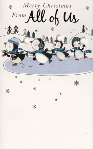 A Christmas card that says "Merry Christmas" from all of us.