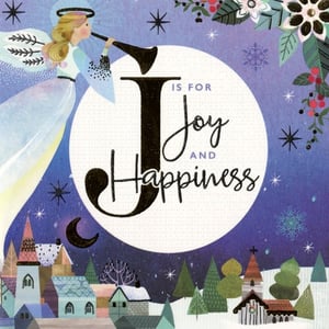 A Christmas card that says 'is for joy and happiness.'