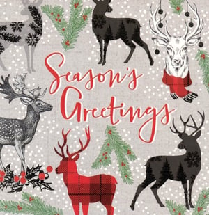 A Christmas card with deer and the words "season's greetings."