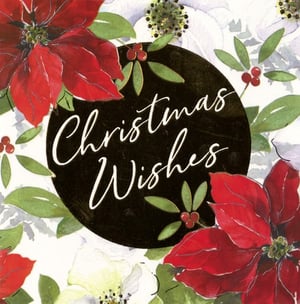 A Christmas wishing card with red and white flowers.