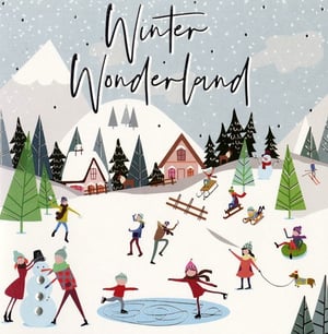A winter wonderland poster, with people playing in the snow.