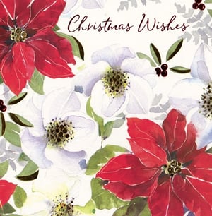 A Christmas wishes card with red and white flowers.