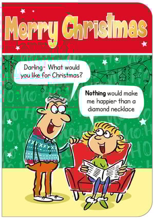 A Merry Christmas card with a cartoon of a man and woman.