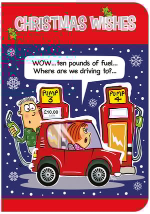 A Christmas wishes card shows a man pumping gas into a car.