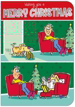 A Merry Christmas card with a man reading a newspaper.