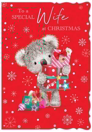 A Christmas card that says "To a special wife at Christmas."