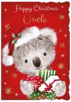 A Christmas card with a teddy bear wearing a Santa hat